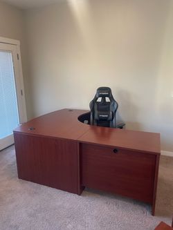 L-Shaped Wood Office Desk with Locking Filing Cabinets