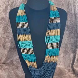 Turquoise Blue and Gold 24 strand glass seed bead statement necklace