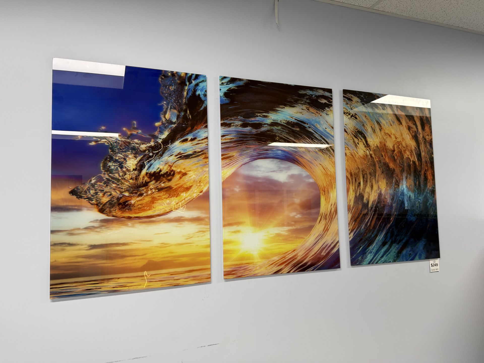 Wave 3 piece tempered glass wall Art 72” x 36”