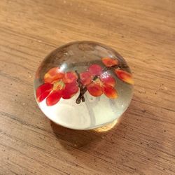 Hand Blown Glass Paperweight Vintage W/Chinese Plum Blossom Orange Flowers