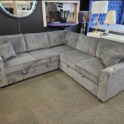New Gray Corduroy Sleeper Sectional Couch with USB! Includes Free Delivery 🚚! 