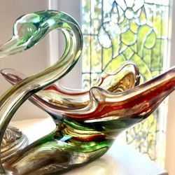 Vintage Glass Blown Swan Bowl - Stunning Green and Orange Swirls 