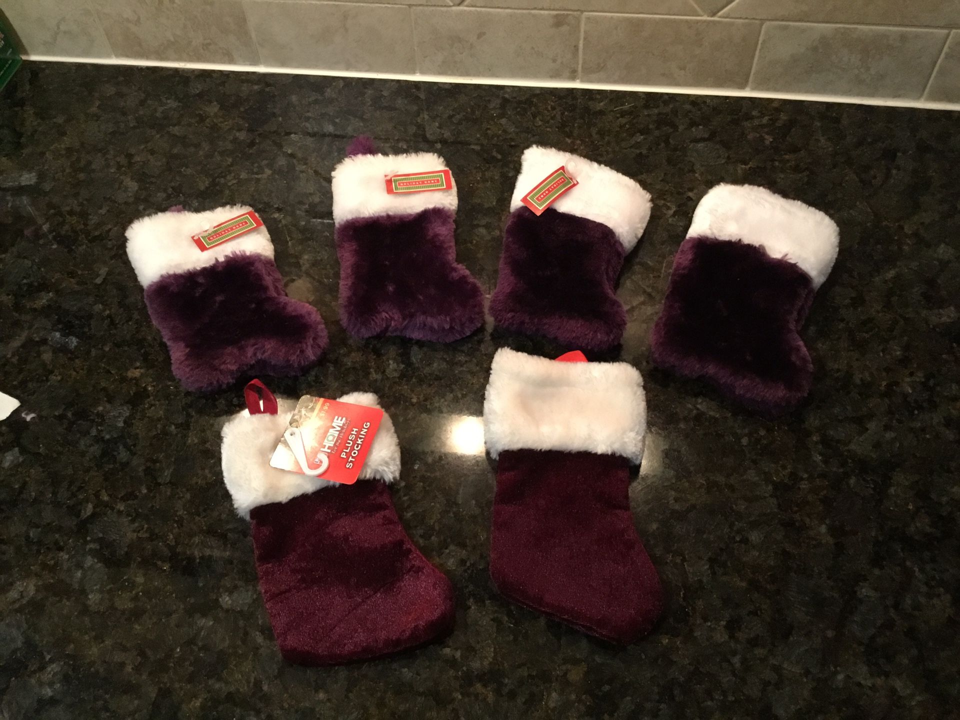 6-Small Plush Christmas Stockings- Top-4 -7” Bottom 2- 6-1/2” Price is for all