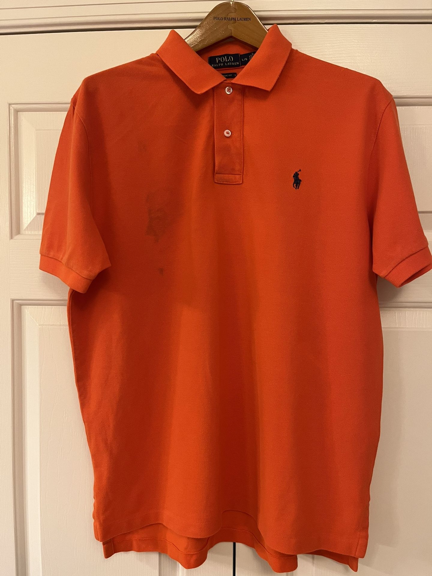 sz L orange polo Ralph Lauren shirt (stained)