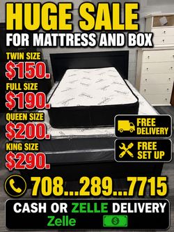 Huge sale for Mattress And Box Twin size #mattress and box 150.$ full 190$ Queen 200$ king 290$. free delivery free set up 708….289…7715… cash or Zell