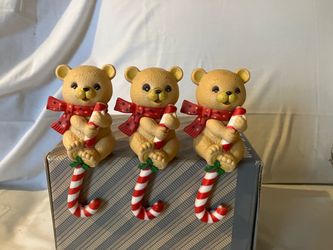 Christmas Stocking Holders (3) Teddy Bear Holiday Striped Candy Cane Vtg