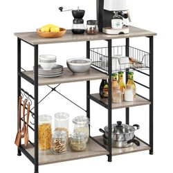 Kitchen Bakers Rack with Wire Basket, Coffee Bar Table Station Microwave Oven Stand Kitchen Utility Storage Shelf with 6 S-Shaped Side Hooks, Metal Fr