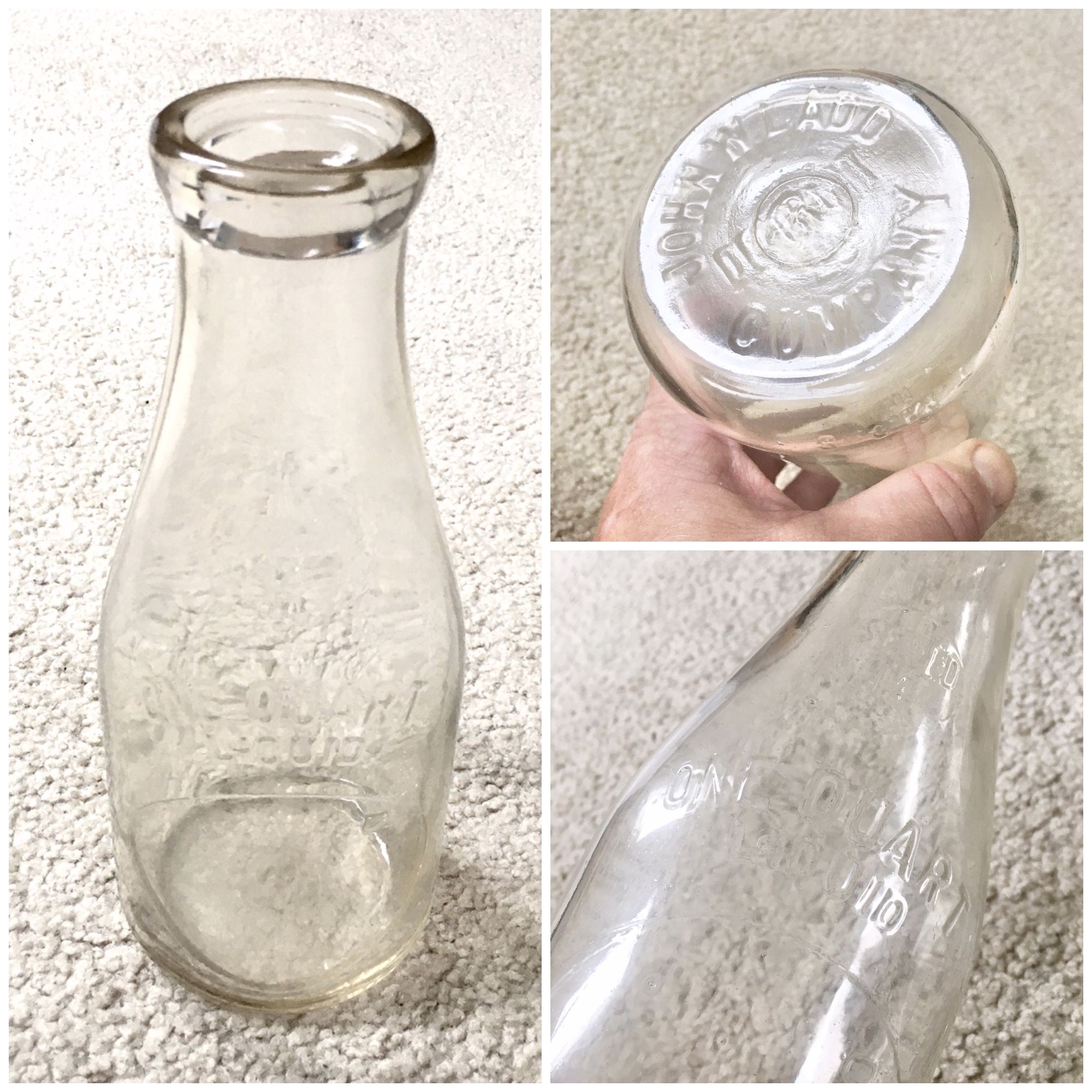 Vintage 1920s JOHN W. LADD CO. 1 Quart Embossed Milk Bottle - Dairy - Detroit MI - RARE!!