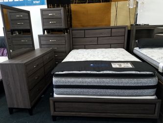 New in box no interest payment plan gray color queen size 5pc bedroom set includes free queen size mattress and boxspring