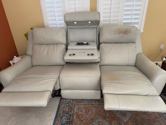 3-Seat Leather Recliner Sofa with Center Charging Station & Cup Holders