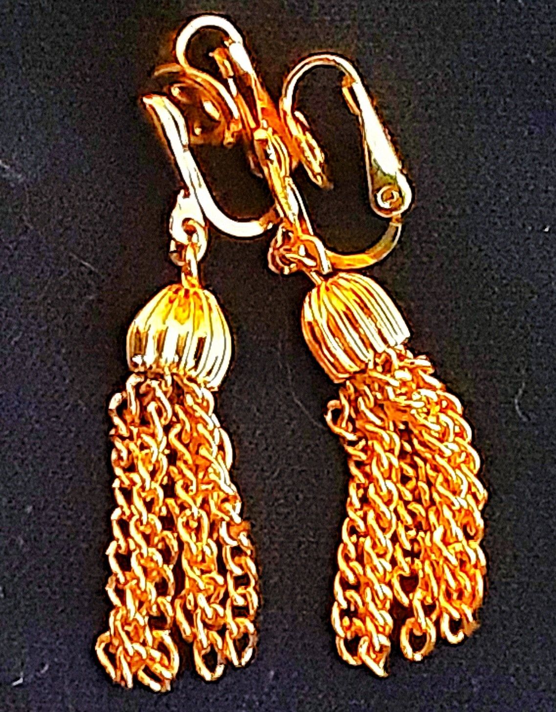 Vintage signed TRIFARI 1.75" L x .25" W goldtone dangle chain earrings