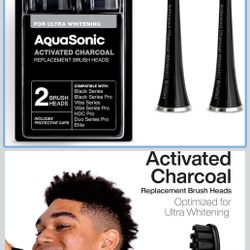 AquaSonic 2-Pack Activated Charcoal Brush Heads - Ultra Whitening Brush Heads - 2X Whitening & Stain Remover - for Black Series, Black Series Pro, Vib