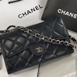 Authentic Chanel Leather Classic Quilted Matelasse Wallet on Chain WOC