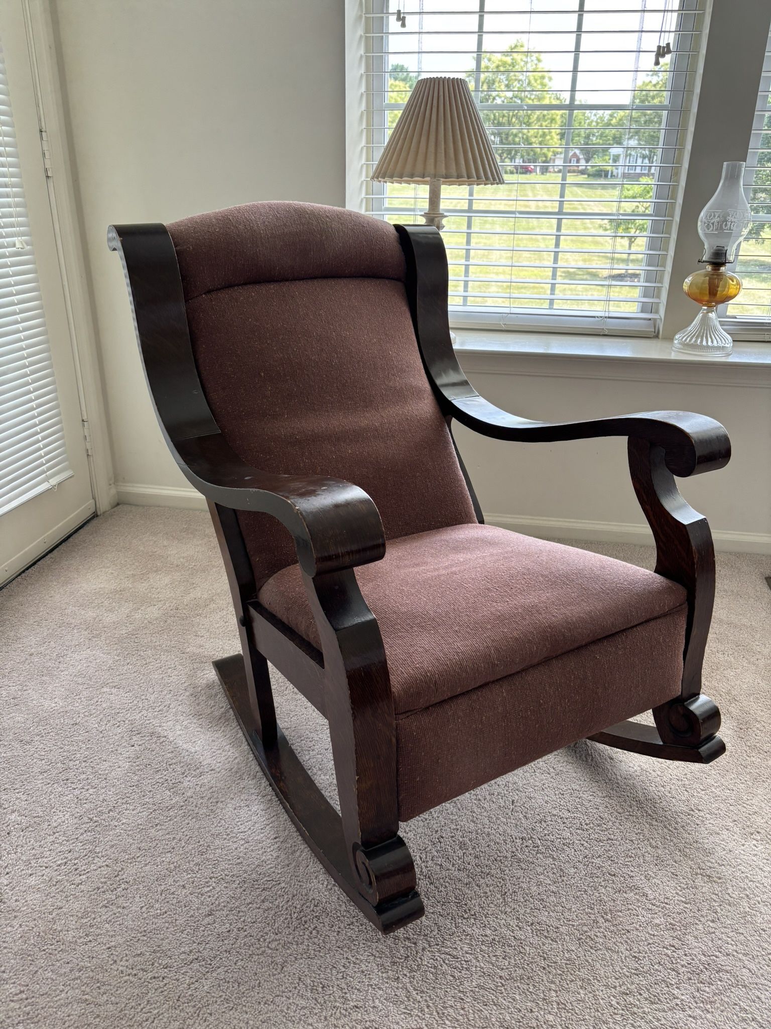 Antique Wood Rocking Chair, excellent condition structure, can use some finish touch up on the edges.  26”W x 36”D x 38”H. Wood members 2 1/2- 3 1/2”W