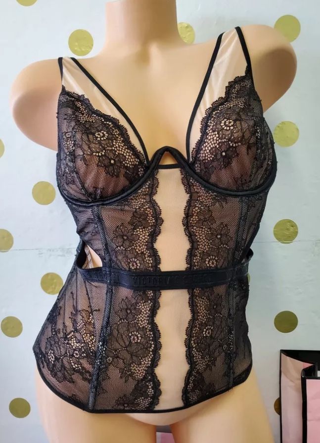 Victoria’s Secret Dream Angels Corset Lingerie Unlined Sheer Black Lace Size Large