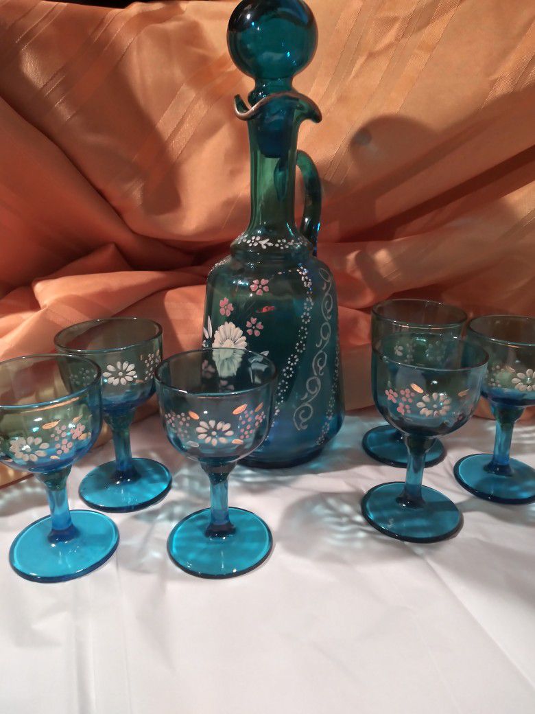 Vintage Bohemian Style Decanter And Six Glasses