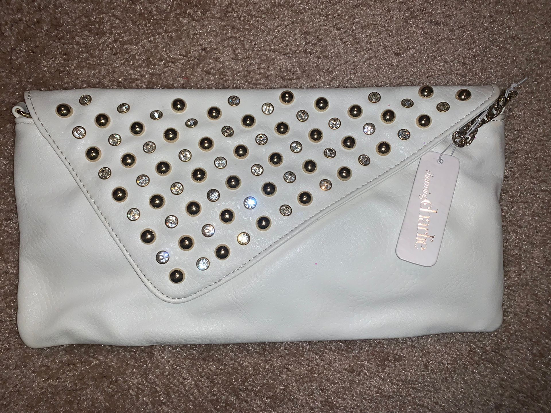 White Leaather handbag With gold studs and Jewels