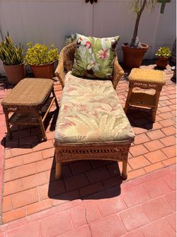 Vintage Wicker Chaise Lounge + Tropical Accent Pillows