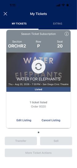 Water for Elephants Musical - 1 ticket Orchestra Row P