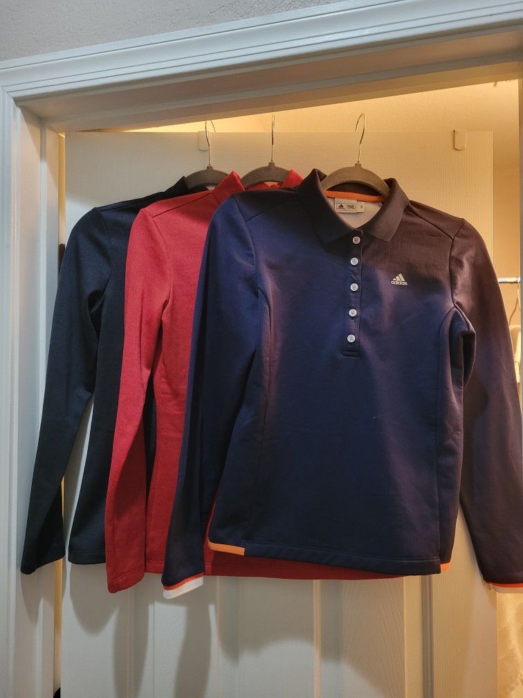 ALL 3 FOR $19 ADIDAS LONG SLEEVE FLEECE INNNER SHIRTS. SZ SMALL. GREAT FOR THIS WEATHER