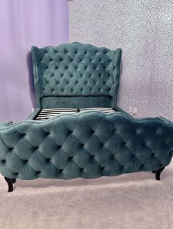 Queen Sized Velvet Bed Frame w/ Set Of 4 Curtain Panels