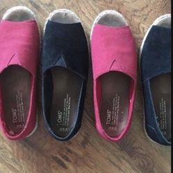2 Pairs Of TOMS Shoes Size 6.5 Red And Black For $20