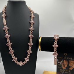 Set Chain & Bracelet Luxury Premium Quality Clover Chain - Rose Gold Multi Color 