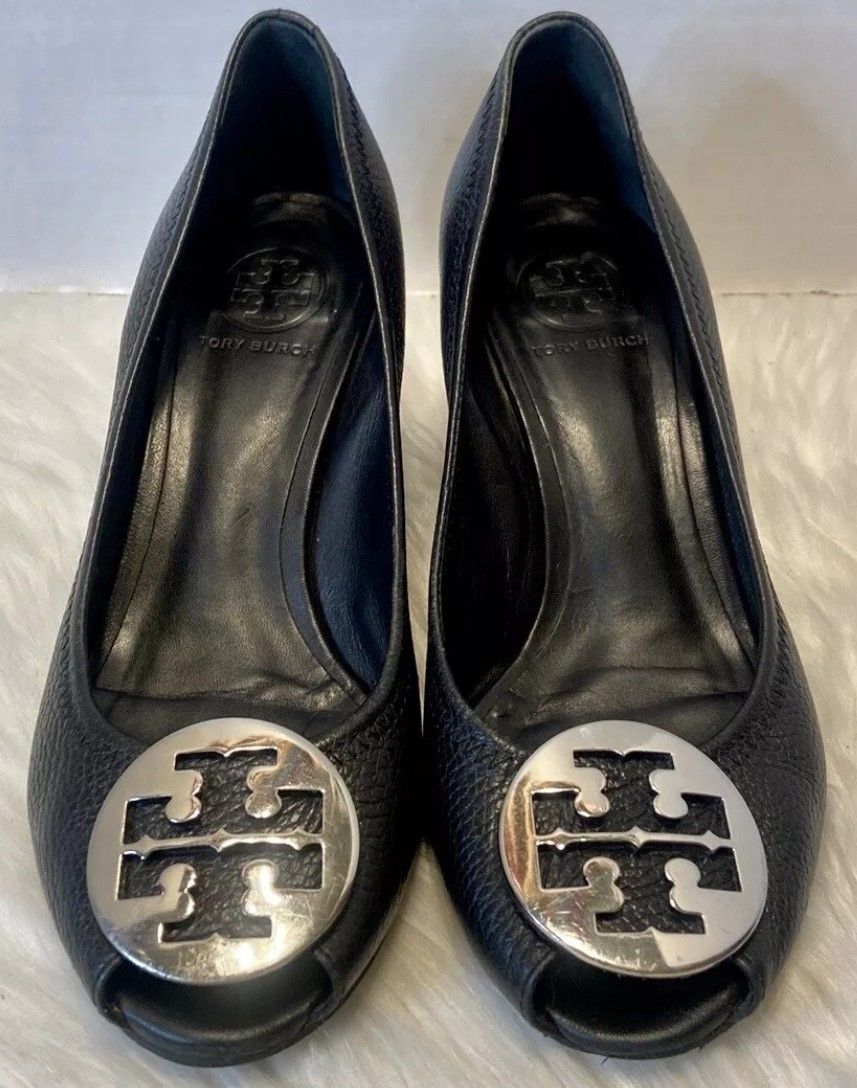 Tory Burch Peep Toe Black Leather Wedges Sally Heels, Size 9