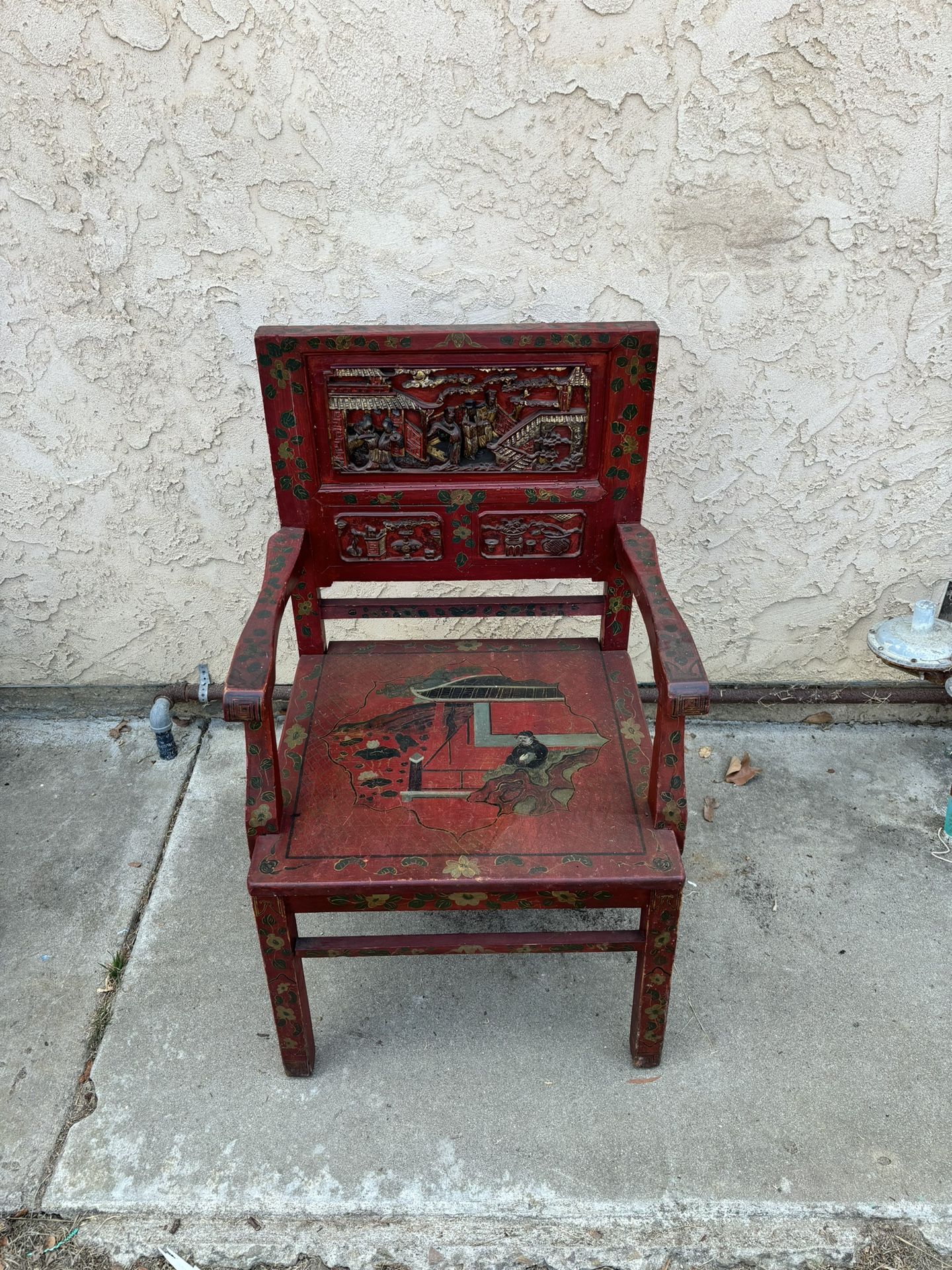 Antique Wood Red Chair W/carved Asian Style Panels & Pained Scenes, Flowers & Vines