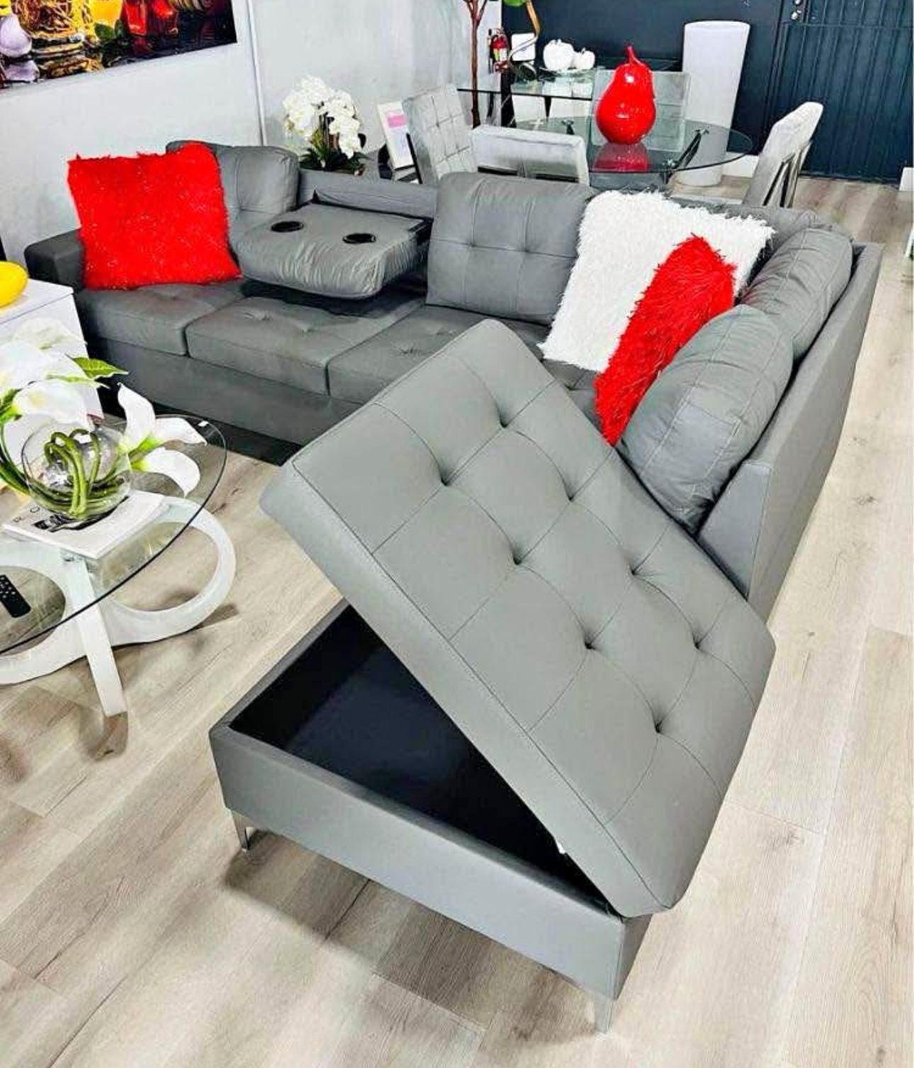 Grey Modern Sofa Sectional with Cup Holders