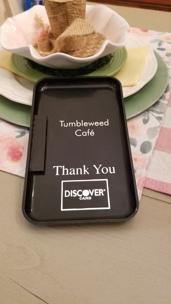 VINTAGE ~"TUMBLERWEED CAFE☆ DUSTIN ACRES TAFT CA. Tip Tray Check Presenter Credit Card Holder Restaurant Bar Discover Card...asking $10.00