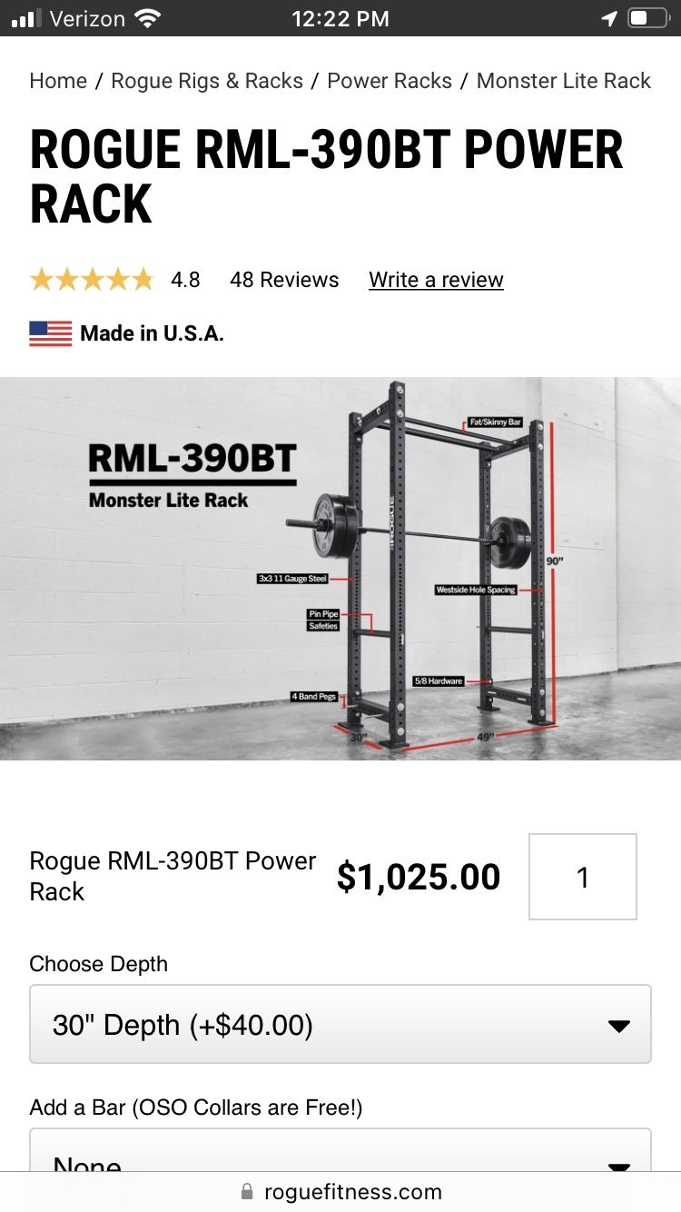 Rogue Fitness RML 390BT Power Rack Stand With Double Fat Skinny Pull Up Bar