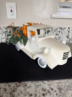 Adorable Holiday Farmhous Small Metal White Truck Decor with Pumpkins