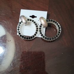 Clear Black Crystal Silver Toned Circle Earrings 