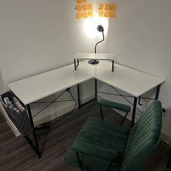 Study/Office Desk + Green Velvet Office Desk Chair + LED Desk Lamp