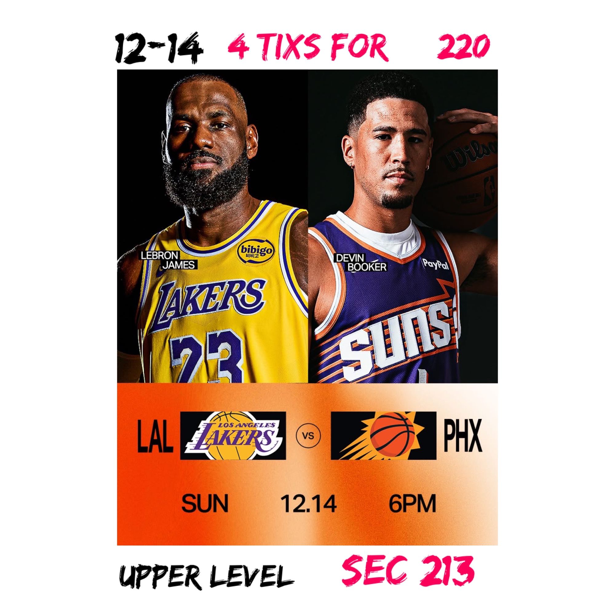 LA Lakers vs Phoenix Suns 12/14 4 Tixs For $220