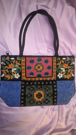 New vintage Ermo brand beaded and embroidered handbag featuring a colorful bohemian patchwork design