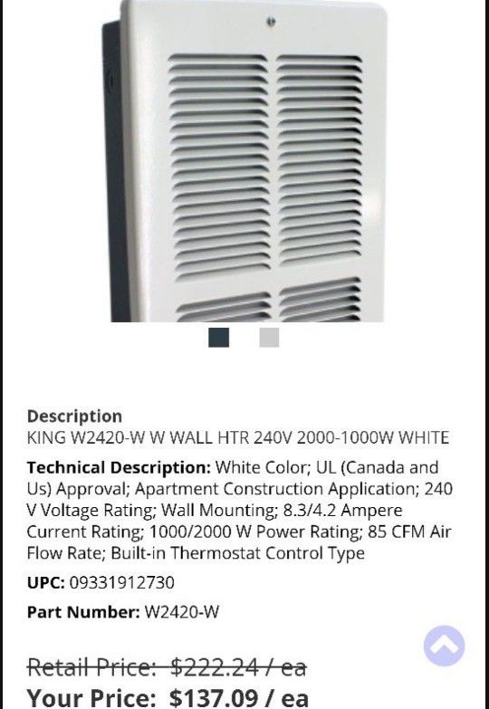 King Electric Heater 240 volt  USA# W2401