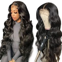 Luxurious Black Wavy Hair Wig 28” Lace Front Wig Human With Baby Hair Natural Color