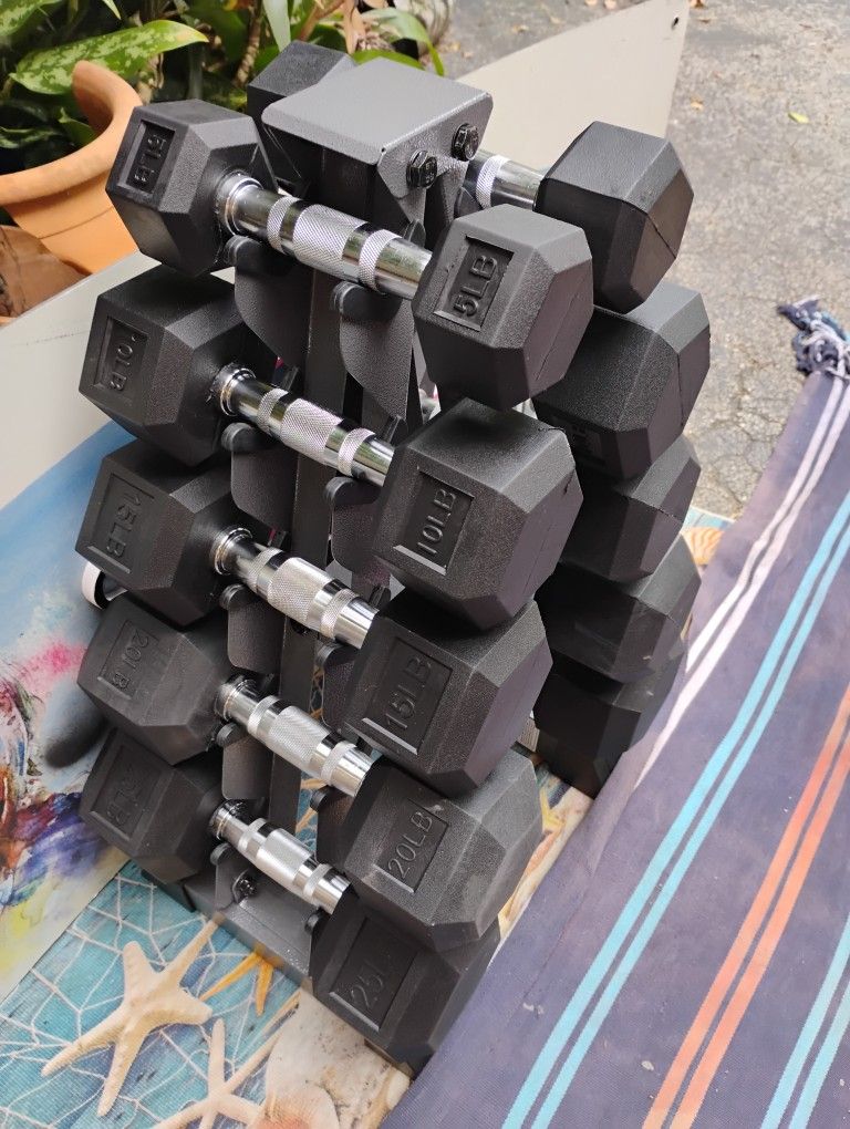 SET OF RUBBER HEX  DUMBBELLS  :  5s  thru  25s  &   {Space Saving} PYRAMID  DUMBBELL  RACK  (PAIRS  OF)  :  5s  10s  15s  20s  25s 