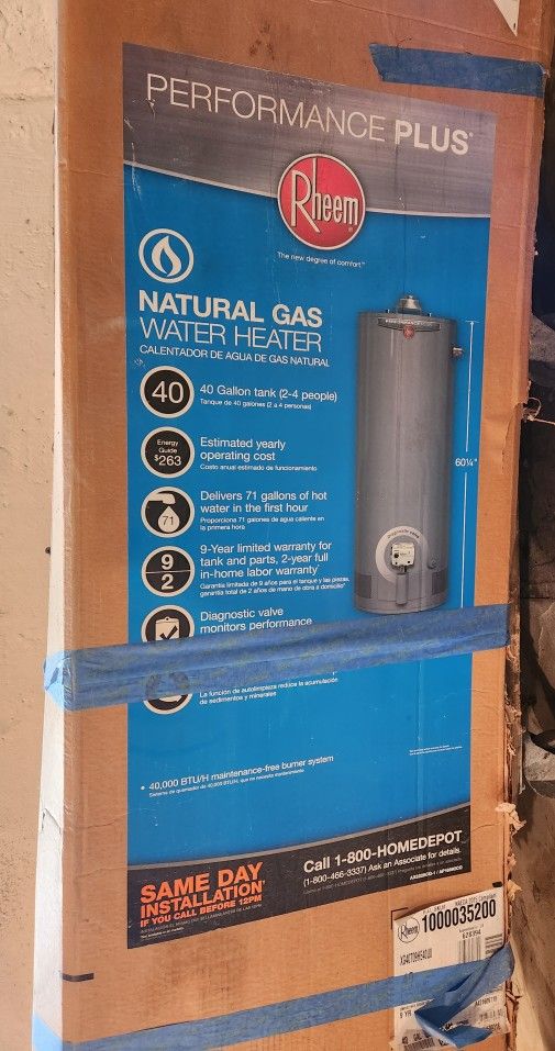 New RHEEM 40 Gallon Tank GAS Water Heater