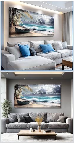 🔥Brand new 🔥 Canvas Wall Art For Living Room Large Wall Decor For Bedroom Modern Office Wall Decorations Tropical Beach Boat Landscape Paintings Art