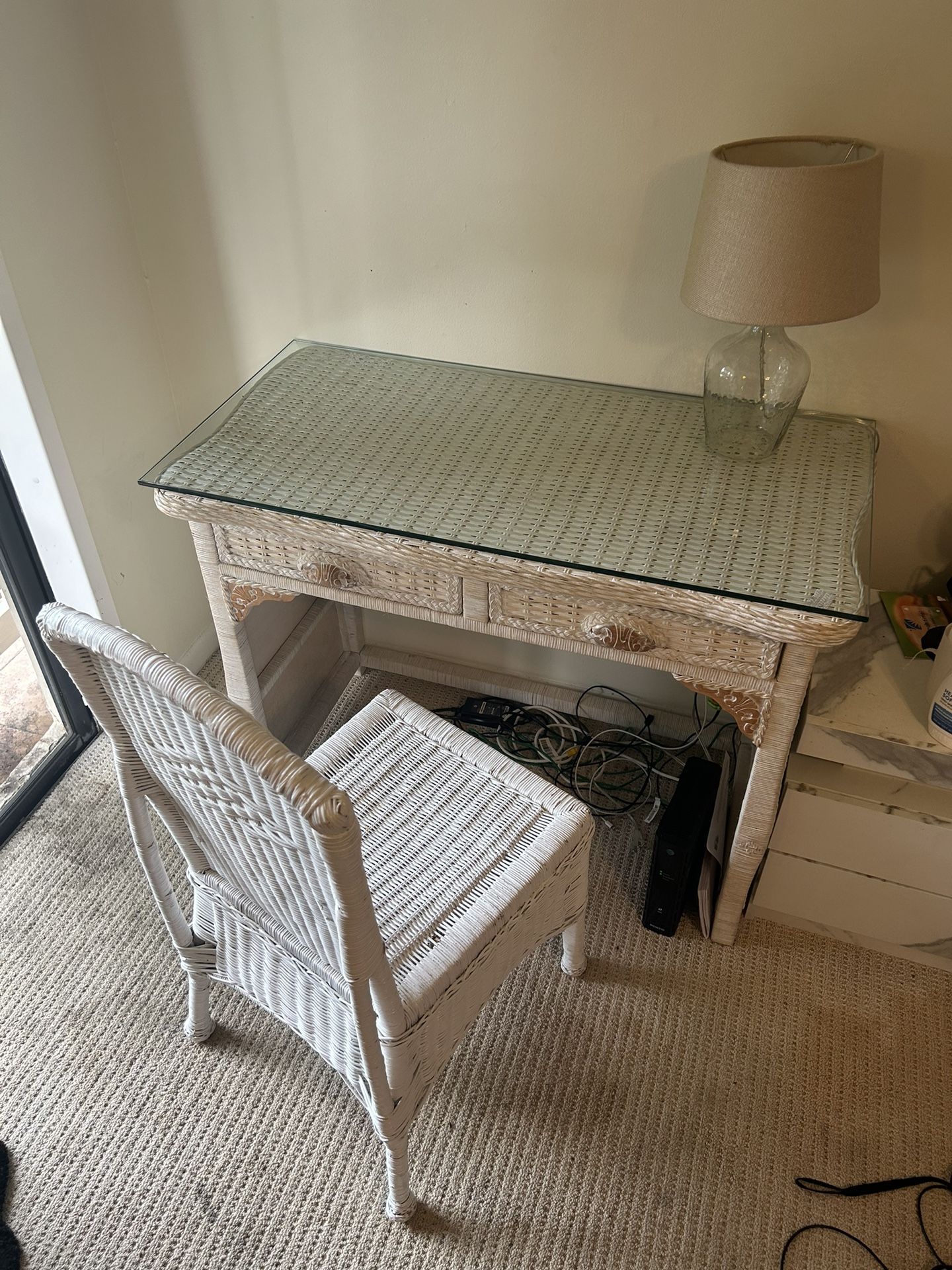 Glass Top Wooden desk With Chair And lamp