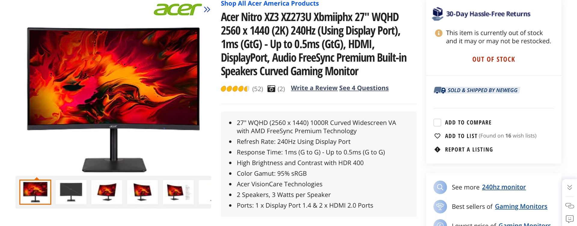 Acer Nitro XZ3 XZ273U Xbmiiphx 27" WQHD 2560 x 1440 (2K) 240Hz (Using Display Port), 1ms (GtG) - Up to 0.5ms (GtG), HDMI, DisplayPort, Audio FreeSync