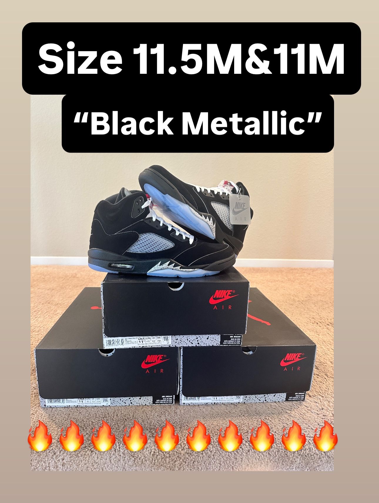 Nike Air Jordan 5 retro “Black Metallic” Size 11.5M & 11M