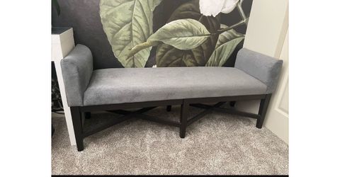 Gray Upholstered Bench with Wood Base