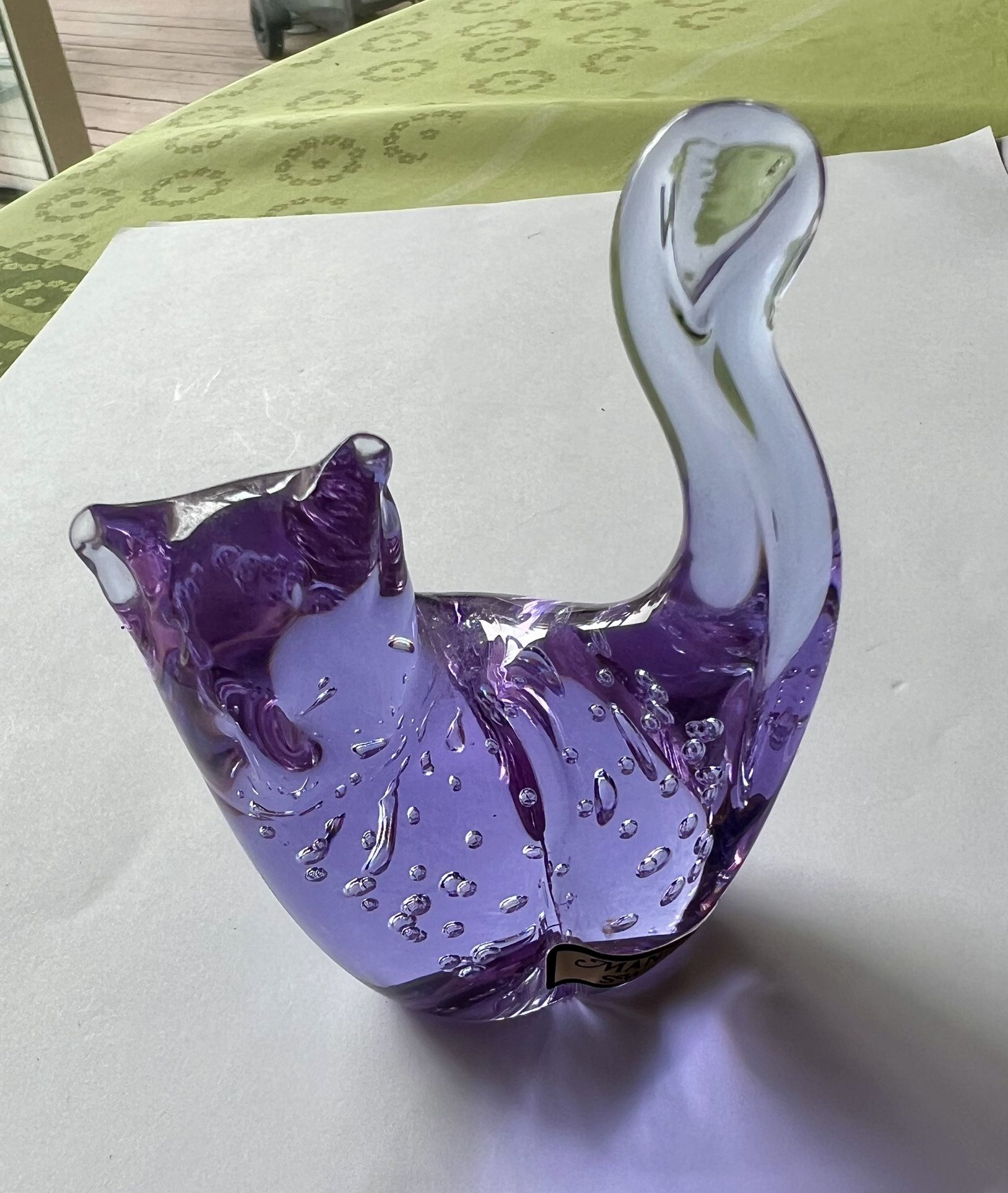 Elegant Vintage “ Mantorp “ Sweden Lilac/ Purple Bubble Glass “ Cat” Figurine/ Paperweight