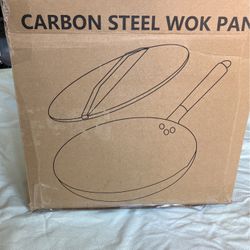Carbon Steel Wok Pan With Wooden Lid Cover Holding Extra Base N Cleaning Brush  12 Inches Round New In Box
