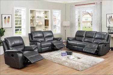 Dark grey top grain leather 3-PC reclining sofa set