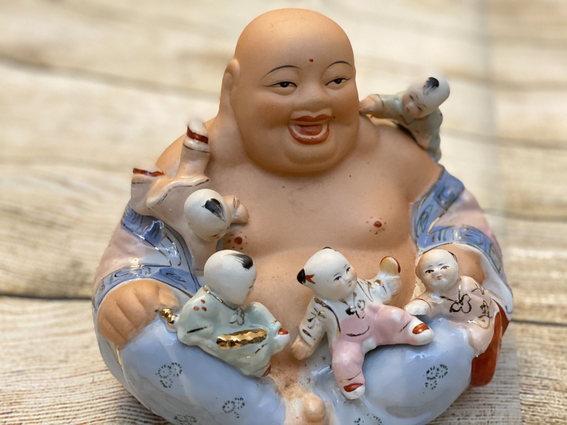 Vintage Ceramic /porcelain Laughing Buddha with 5 Children Statue